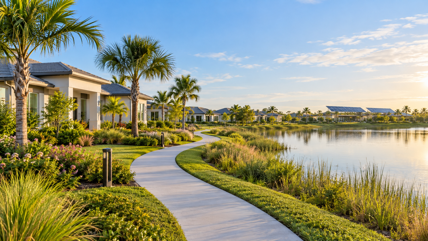 Illustration of a contemporary Southwest Florida neighborhood with a lakeside trail and solar energy features