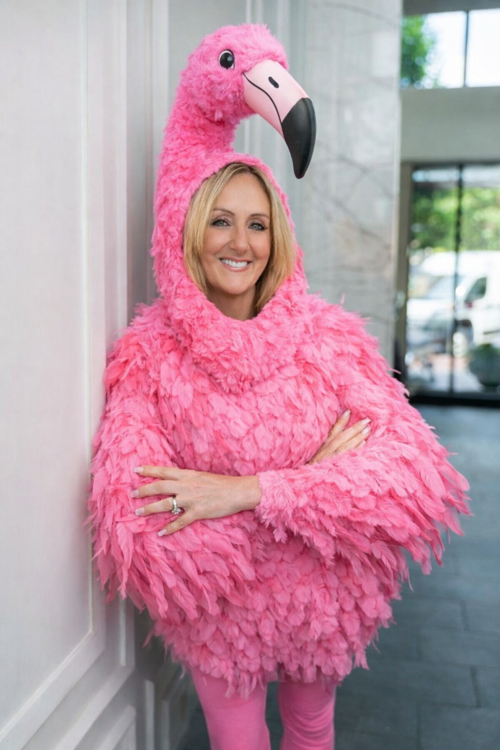 Dawn in a playful pink flamingo costume