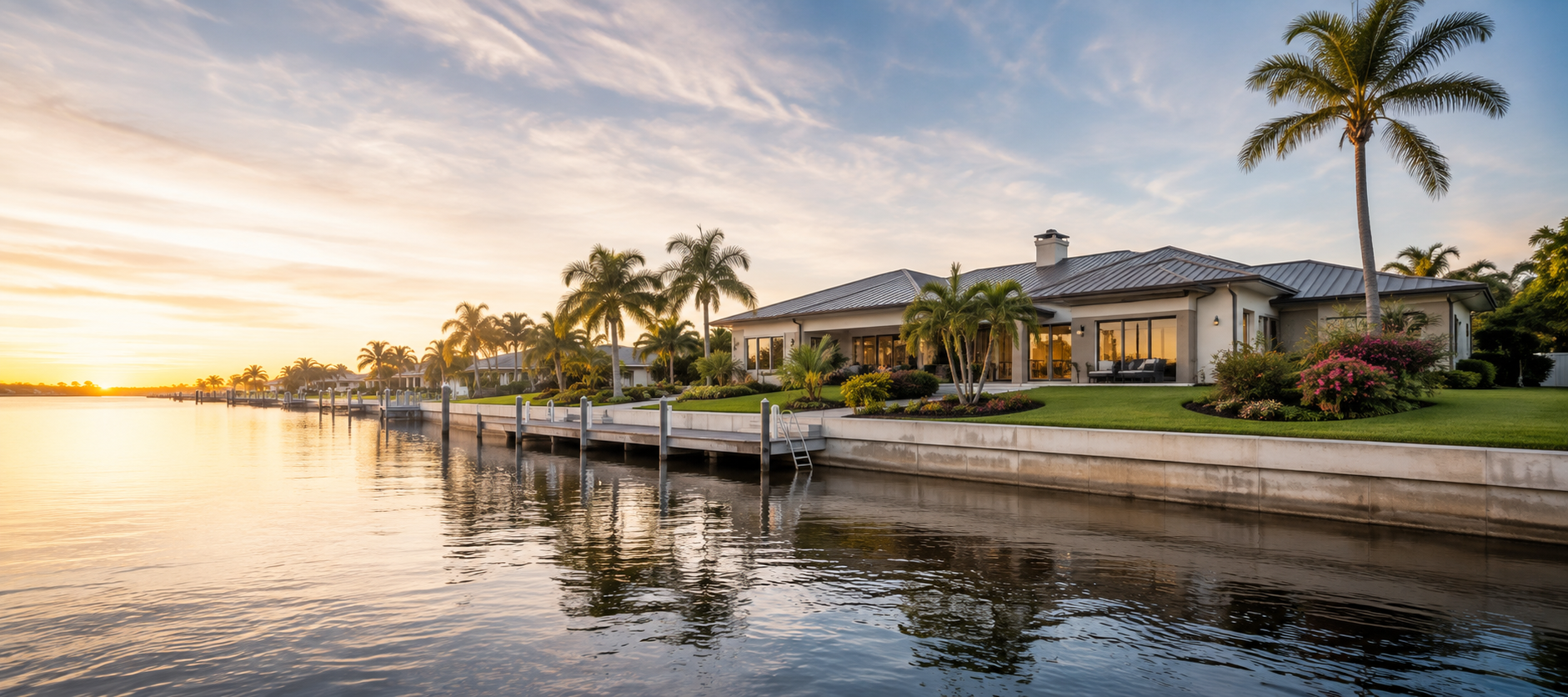 Waterfront homes and palm trees along the Southwest Florida coast