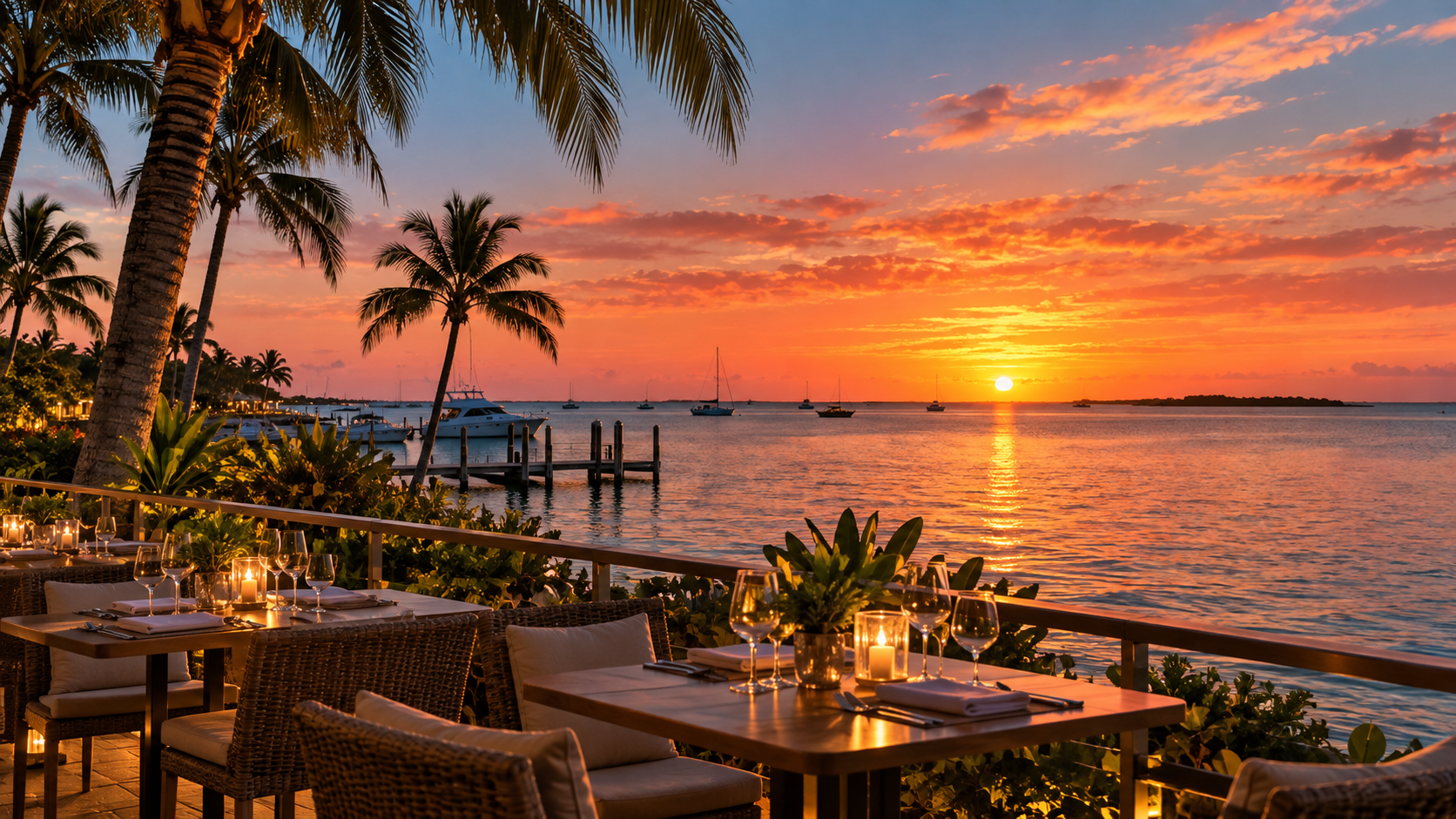 A glowing Southwest Florida sunset viewed from a waterfront restaurant terrace